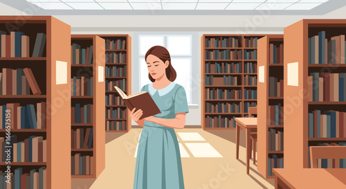 Serene Young Woman Immersed in Reading a Book, Surrounded by Knowledgeable Bookshelves in a Bright, Modern Library