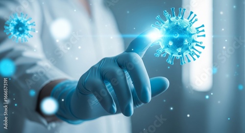 Closeup of a gloved hand touching a glowing blue virus particle, representing medical research and the fight against infectious diseases like covid19