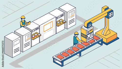 Isometric view of factory floor with workers operating machines and robotic arm in production line