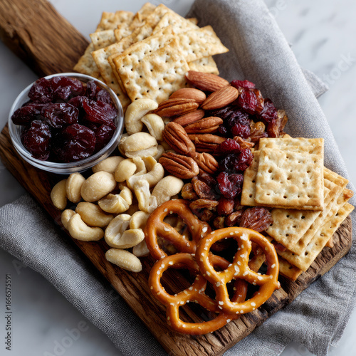 Fototapeta Naklejka Na Ścianę i Meble -  Assorted nuts, crackers, and dried fruits on a wooden platter.