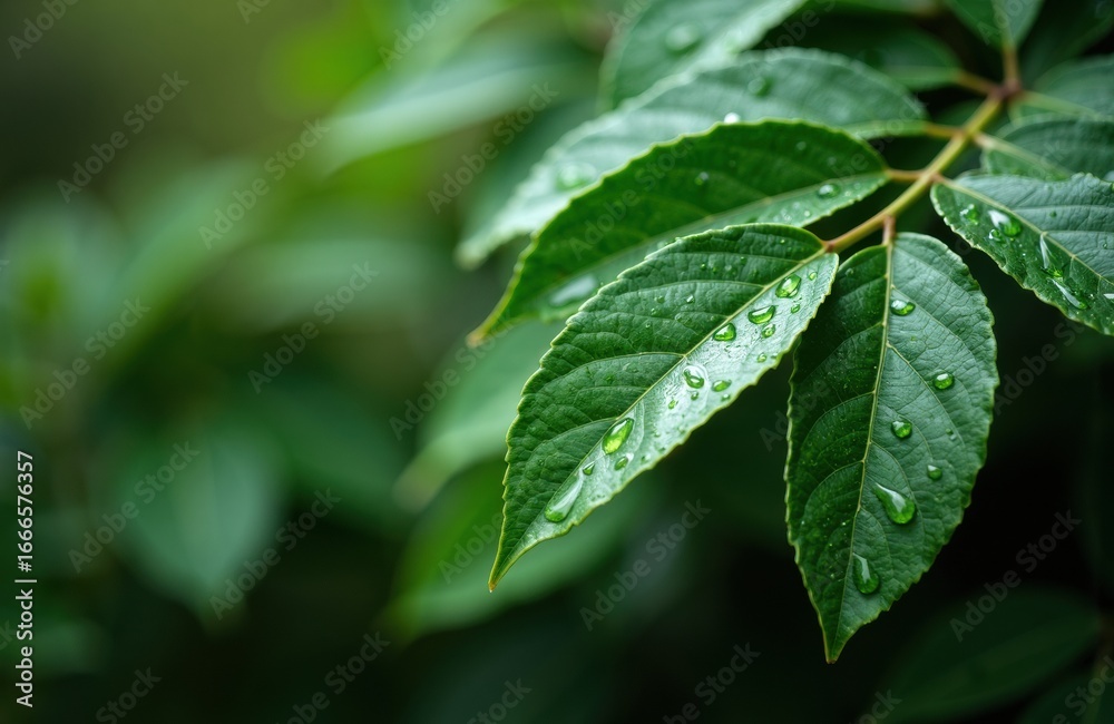 Close-up of green leaves with water droplets on surface in natural outdoor setting Close-up of green leaves with water droplets on surface in natural outdoor setting