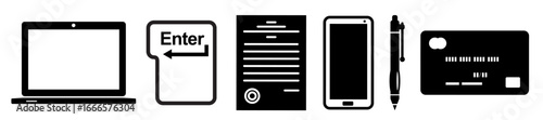 Set of Business objects, such as: laptop, keyboard Enter key, document, smart phone, business pen and credit card, on transparent background, flat line design, vector illustration