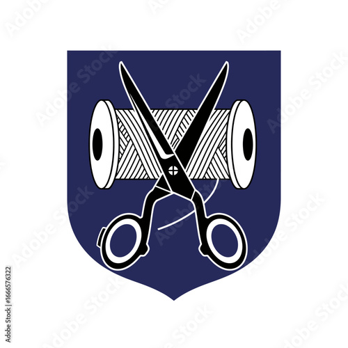 Tailor Logo design with Thread Spool and Scissors vector illustration.
