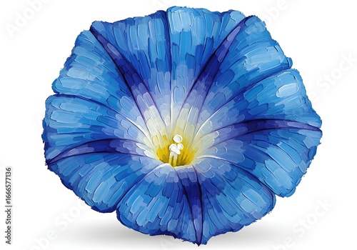 Impasto oil painting style illustration of a blue morning glory flower isolated on a white background