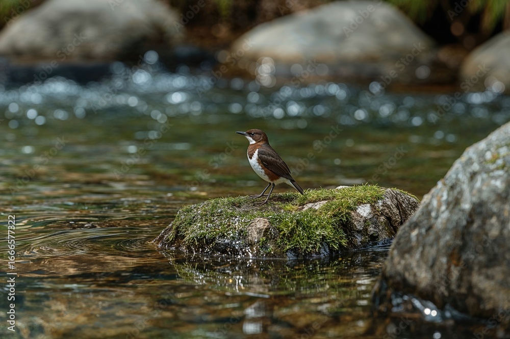 Fototapeta premium Mountain stream bird perched on a stone by flowing water