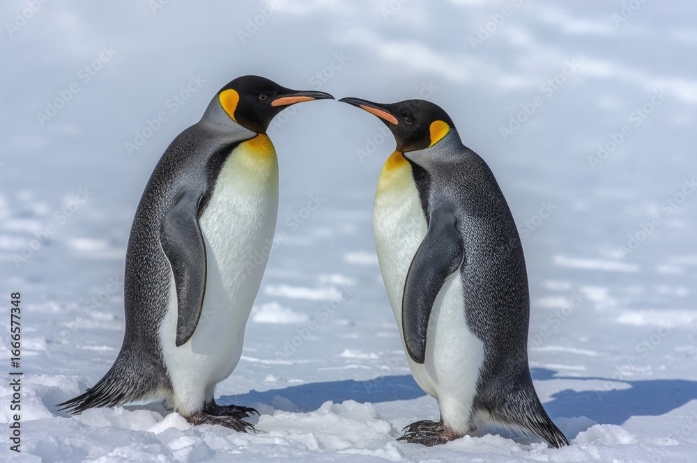 Fototapeta premium Two Emperor Penguins meet face to face in the snowy landscape, viewed from the side