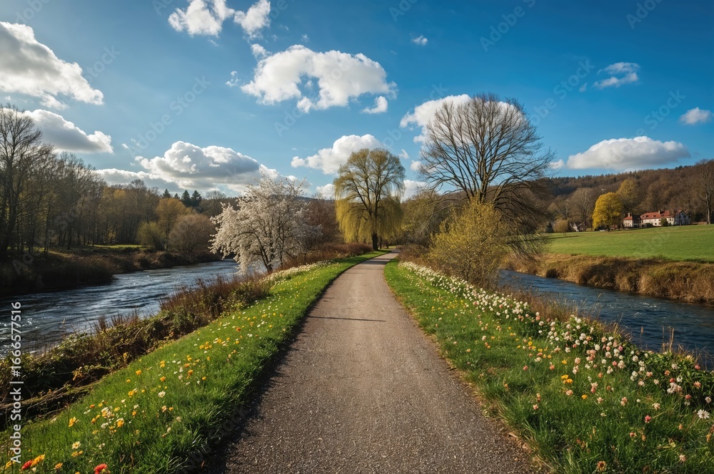 Fototapeta premium Sidewalk beside the Dreisam River in a German town