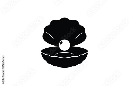 A black and white illustration of an open oyster shell with a pearl inside silhouette