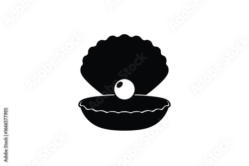 A black and white illustration of an open oyster shell with a pearl inside silhouette