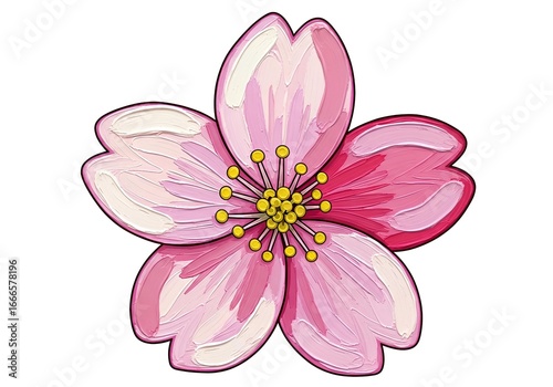 Impasto painting style icon of a single pink cherry blossom or sakura flower isolated on white