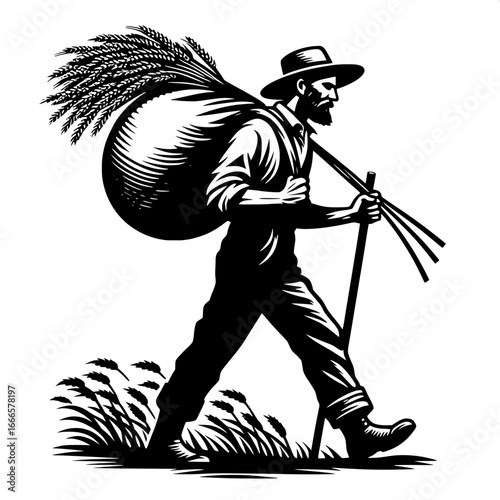 Farmer Carrying Sack on Back