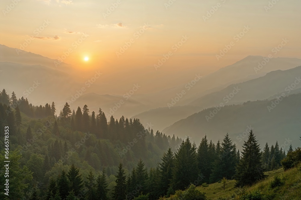 Obraz premium Misty dawn over a mountain valley landscape