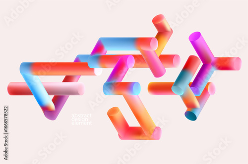 Multicolored 3D cube of iridescent cylinders. Glass colorful geometric shape.