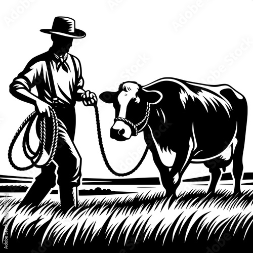 Farmer with Cow Grazing Field