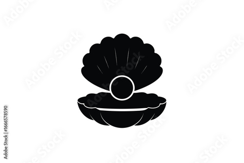 A black and white illustration of an open scallop shell with a pearl silhouette