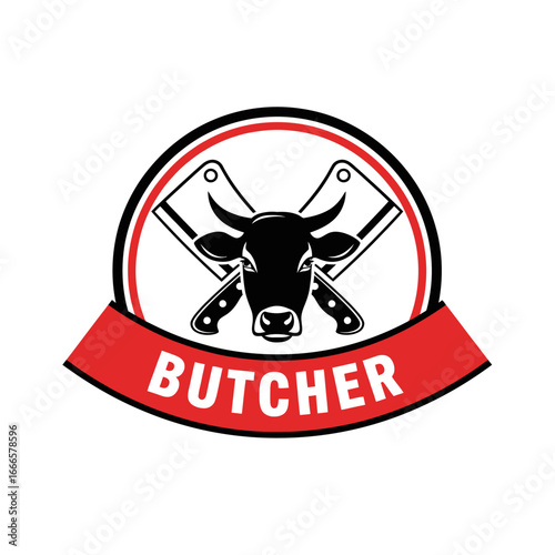 Butcher Meat Shop Logo With Cow Head And Cleaver Circle Shape Vector Illustration