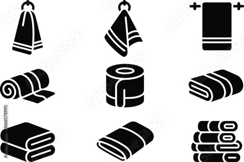 Set of nine black and white icons representing different types of folded and hanging towels