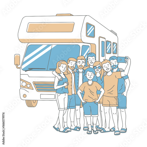 A group of cheerful friends poses for a selfie in front of their campervan, ready for a summer road trip adventure.