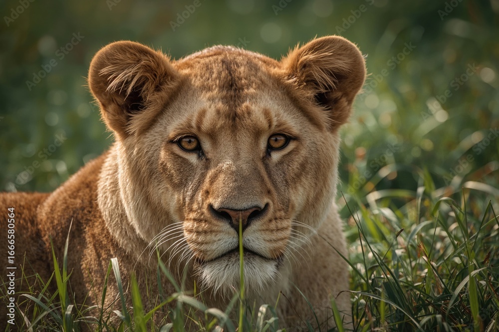 Naklejka premium Lioness resting on the grass