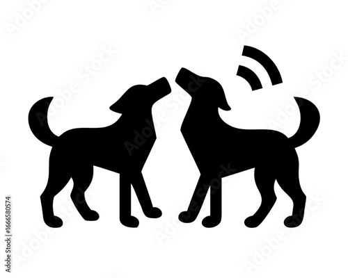 Two Black Dogs Silhouette Signaling Communication With Wireless Waves Above Head - Vector