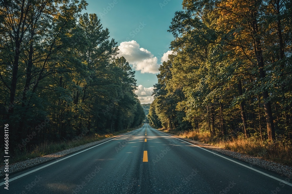 Fototapeta premium Deserted paved pathway cutting through woodland