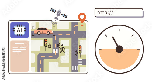 Smart traffic system with AI chip, sensors, vehicle tracking, pedestrian detection, and speedometer. Ideal for technology, mobility, urban planning, automation safety innovation simple flat