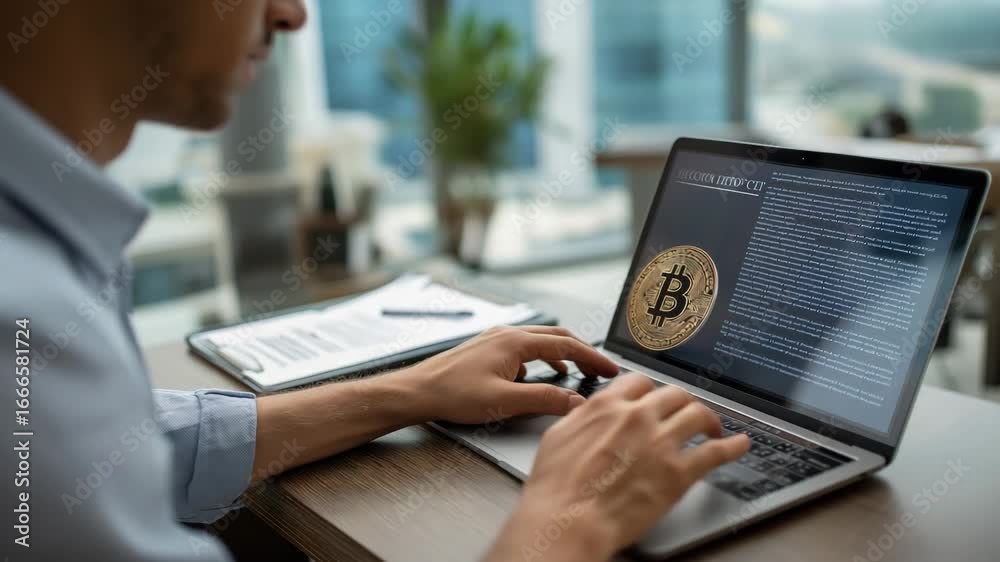 A man is typing on a laptop computer. The screen shows a Bitcoin symbol. Faceless person typing on laptop with bitcoin regulation document on screen, crypto law, neutral office background