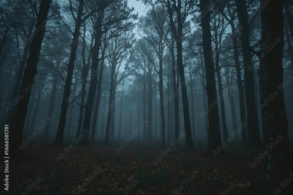 Fototapeta premium A fog-laden forest scene shrouded in mystery and enchantment