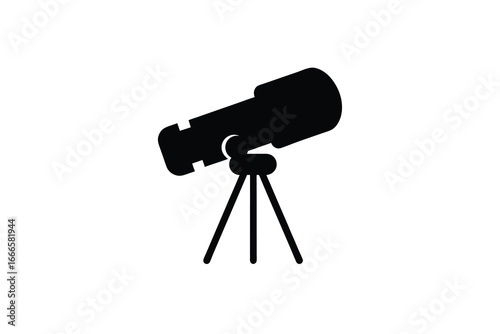 A black silhouette of a telescope on a tripod against white background