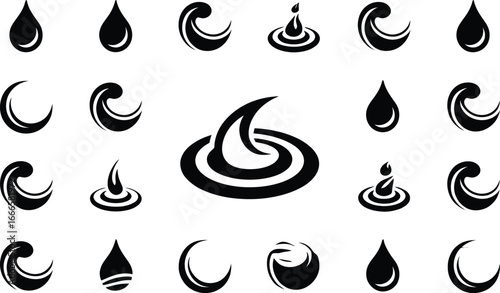Collection of hand drawn black ink water drops and waves
