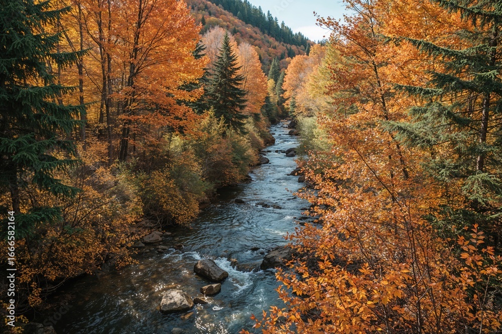 Fototapeta premium Autumn hues cluster near the stream