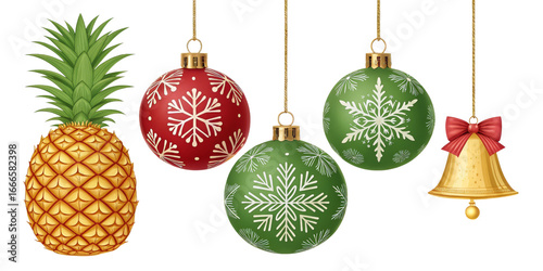 Pineapple and Christmas Ornaments Festive Holiday Composition, Isolated on Transparent Background, Christmas Decorations, illustration, Holiday, Ornament, Pineapple
