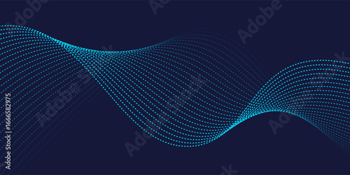 Flowing dots particles wave pattern in blue green colors. Vector curve light line. Abstract background banner design for music, Ai technology, neural network concept