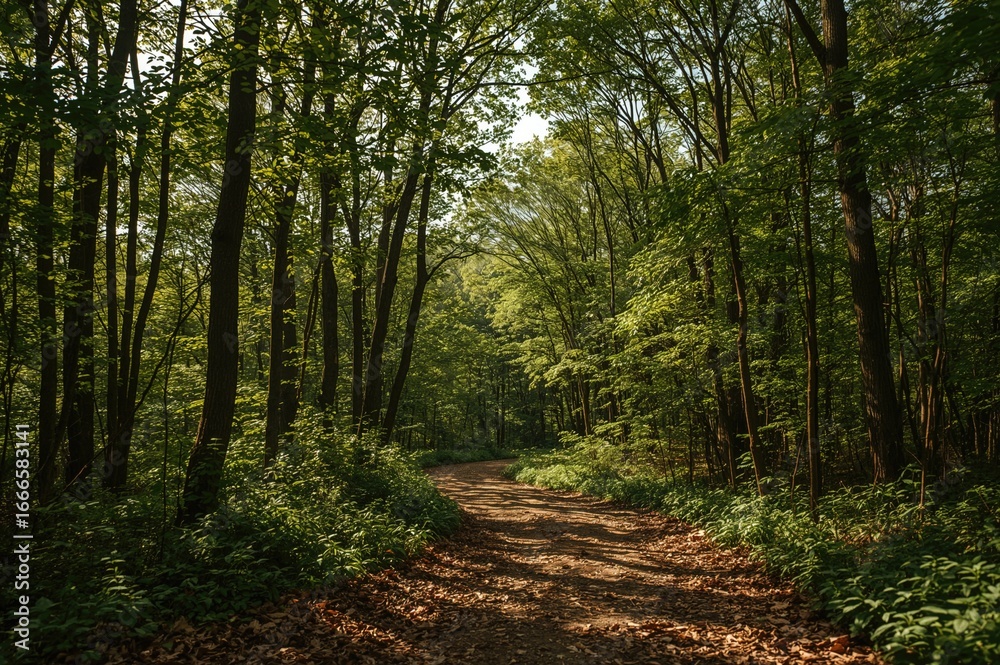 Obraz premium A winding trail meanders beneath a thick leafy canopy in a sunlit woodland, with the forest floor blanketed by fallen leaves and the atmosphere alive with birdsong.