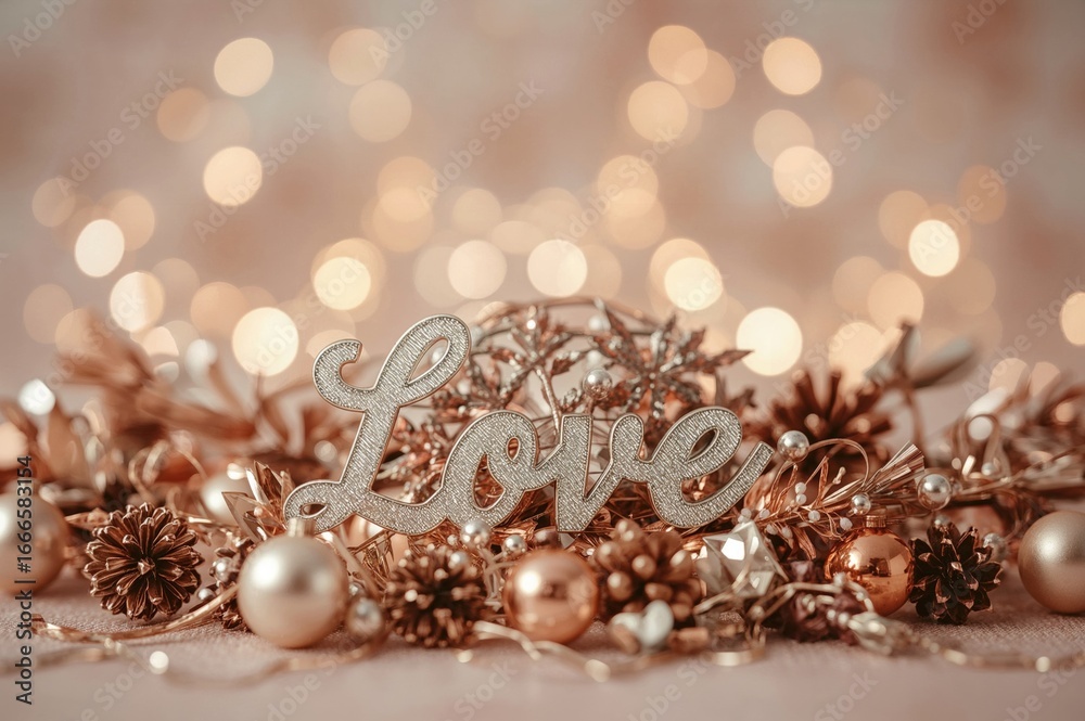 Fototapeta premium Holiday Still Life Featuring 'Love It' Text and Decorative Elements Against a Soft Bokeh Backdrop