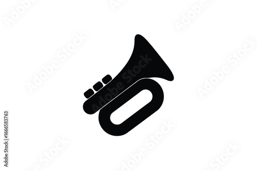A black silhouette of a trumpet on a white background