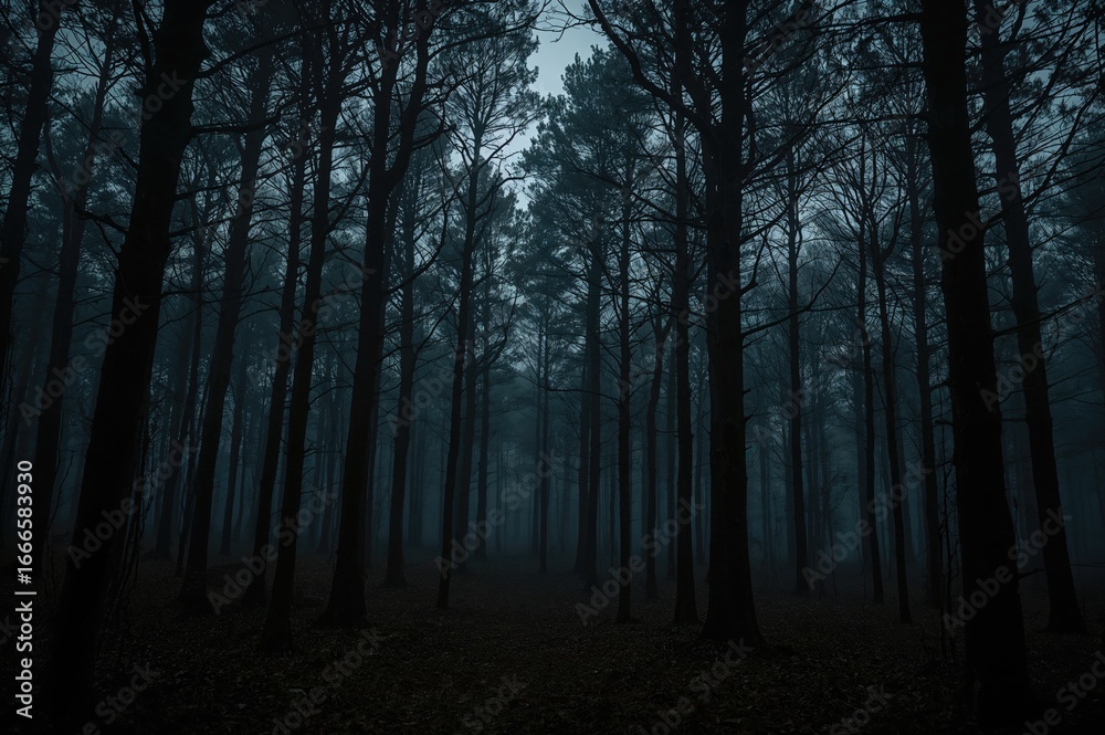 Fototapeta premium Misty shadowy woodland featuring a dark incline