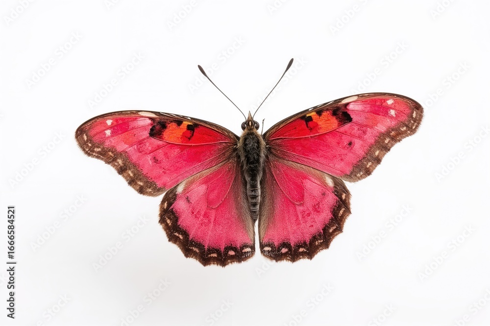 Obraz premium Elegant red to pink butterfly with outstretched wings casting a gentle shadow on a white backdrop