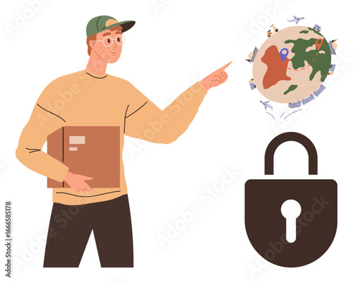Man with parcel gestures at a global logistics concept with map, transport icons, and security lock. Ideal for delivery, ecommerce, security, logistics, transportation, global trade data safety