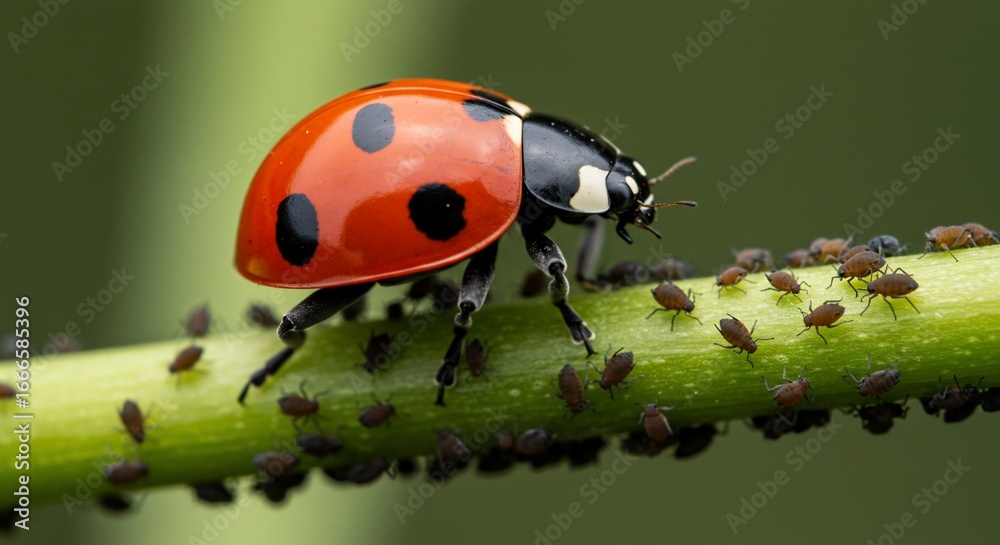 Fototapeta premium Ladybug Predator on Green Stem Amidst Aphids