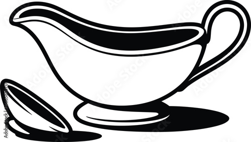 Black and white illustration of a gravy boat with a lid