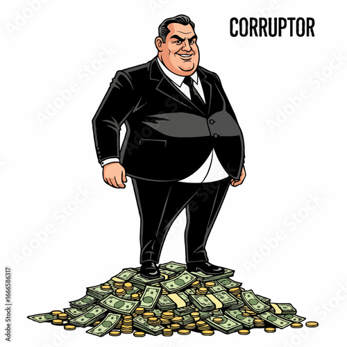 Corrupt Politician or Businessman Standing on Pile of Illegal Money Cash Illustratio