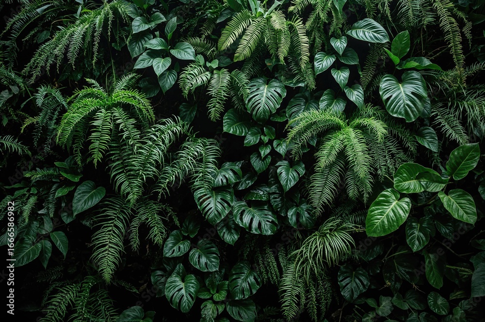 Fototapeta premium Living green wall featuring devil's ivy, ferns, philodendron, peperomia, inch plant, and diverse tropical foliage against a dark backdrop