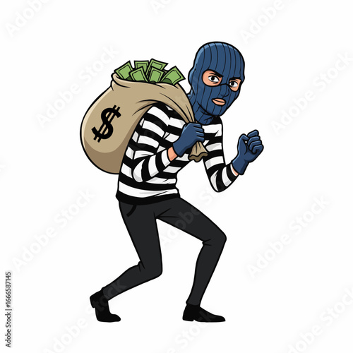 Masked Robber Carrying Money Bag Vector Illustration