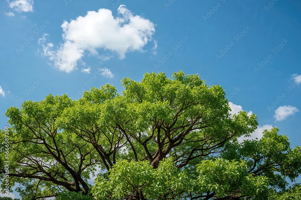 Fototapeta premium Lush foliage outlined by a clear azure sky