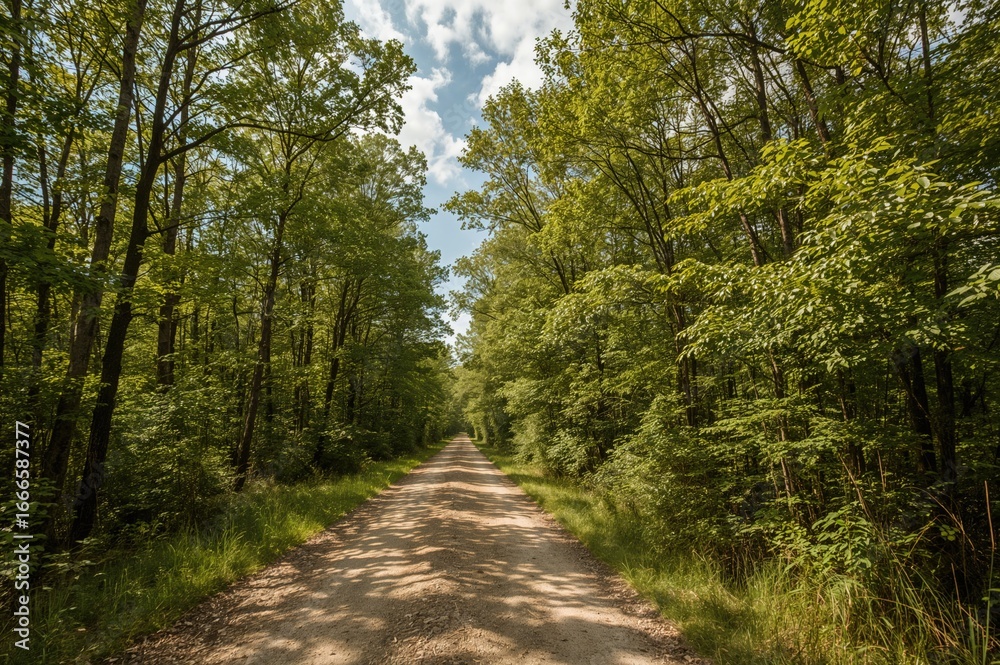 Naklejka premium Lush foliage and scenic clouds surround a woodland path.