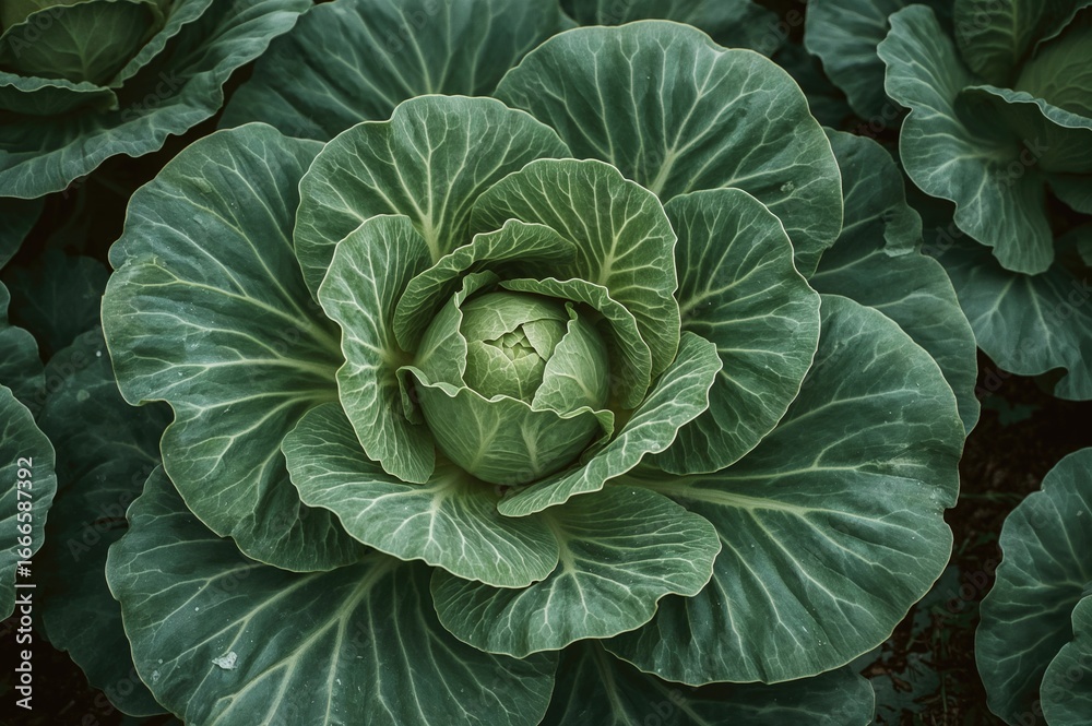 Fototapeta premium Lush broad cabbage foliage growing outdoors