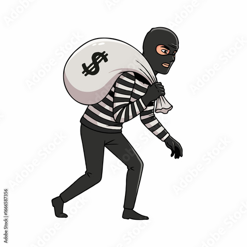 Masked Robber Carrying Money Bag Vector Illustration