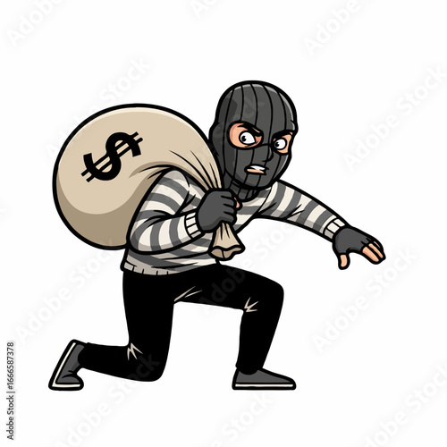 Masked Robber Carrying Money Bag Vector Illustration
