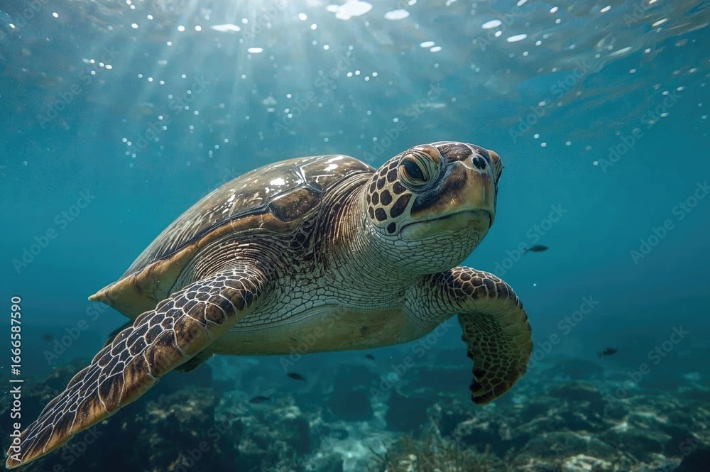 Fototapeta premium Underwater swimming of a green sea turtle
